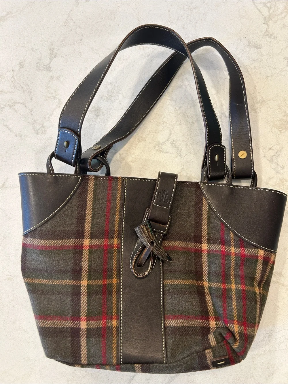 VTG Y2K Lauren Ralph Plaid Hobo with Dark Brown Leather Trim Equestrian Preppy